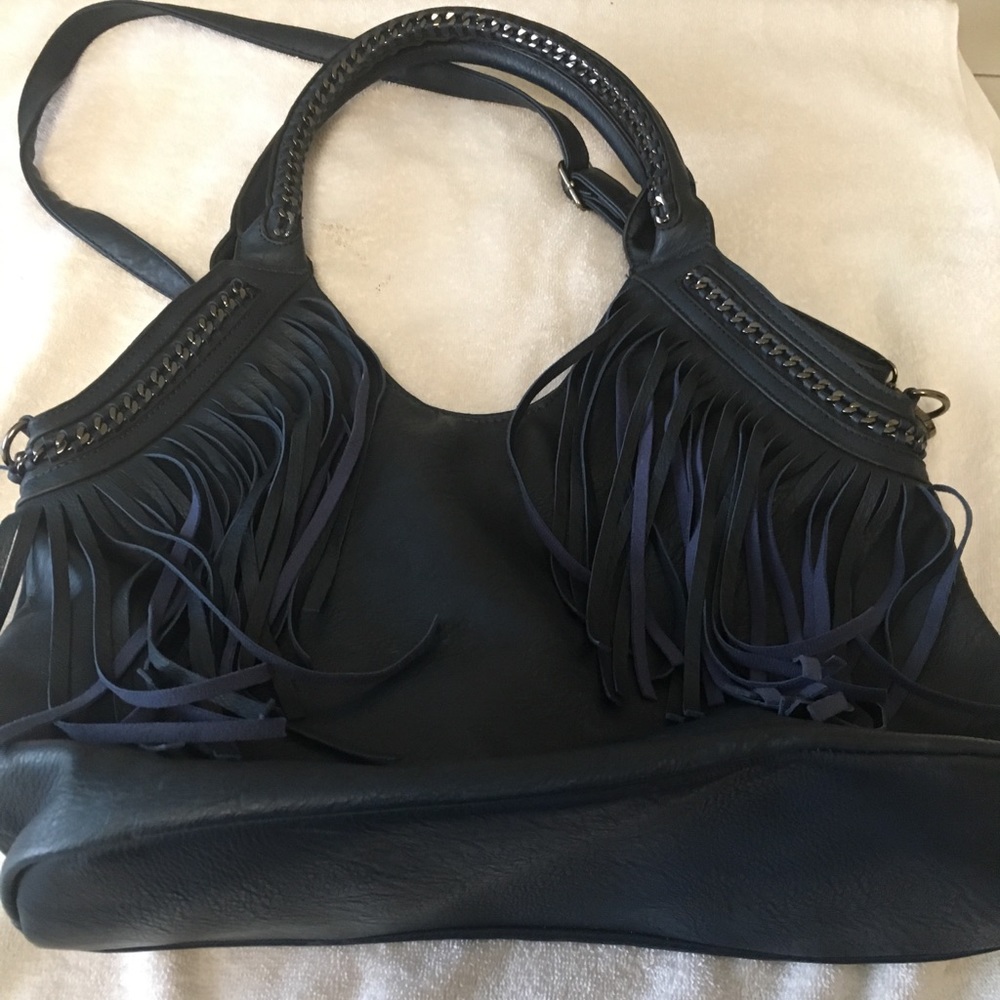 Navy fringed shoulder bag